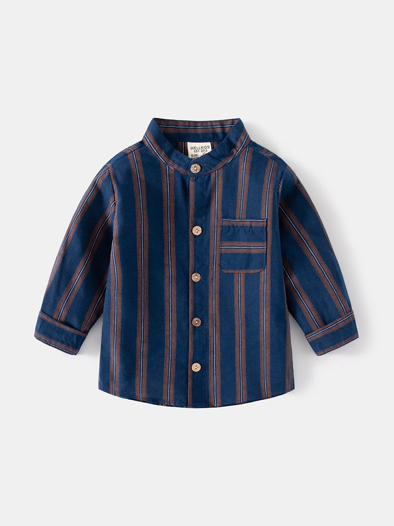 Children'S Long-Sleeved Shirts 2025 Autumn Korean Style Boys' Stand-Up Collar Stripesd Shirts Baby Tops Trendy Kidsren'S Clothing - Image 4