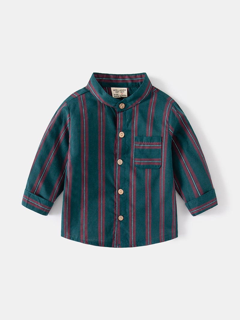 Children'S Long-Sleeved Shirts 2025 Autumn Korean Style Boys' Stand-Up Collar Stripesd Shirts Baby Tops Trendy Kidsren'S Clothing - Image 3