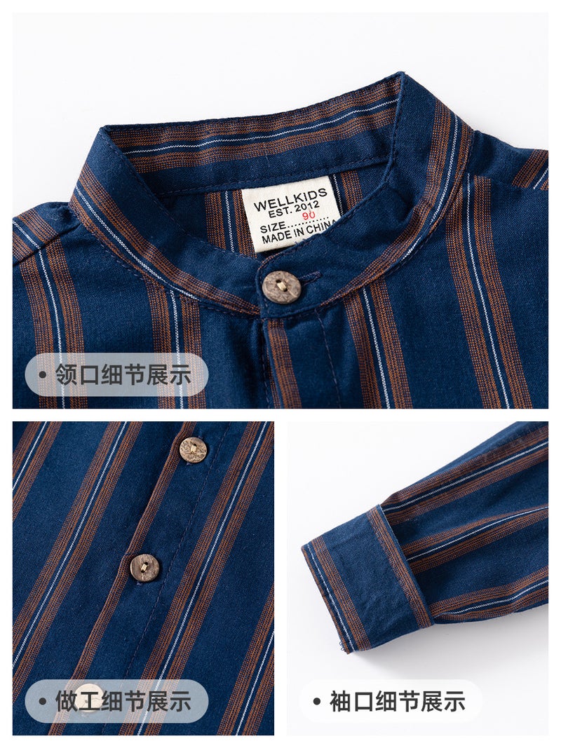 Children'S Long-Sleeved Shirts 2025 Autumn Korean Style Boys' Stand-Up Collar Stripesd Shirts Baby Tops Trendy Kidsren'S Clothing - Image 5