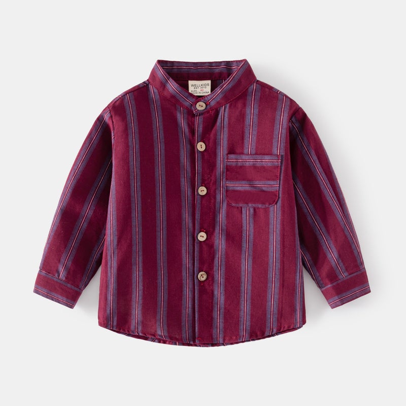 Children'S Long-Sleeved Shirts 2025 Autumn Korean Style Boys' Stand-Up Collar Stripesd Shirts Baby Tops Trendy Kidsren'S Clothing - Image 1