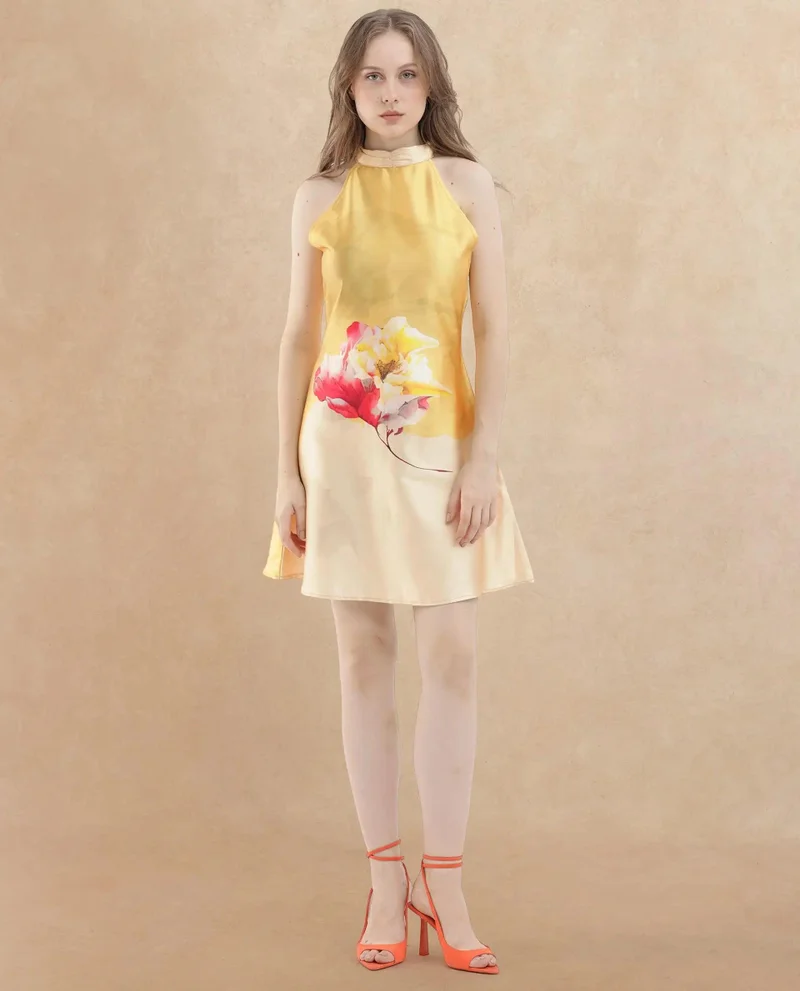 Rareism Rareism Women Fumero Yellow Polyester Fabric Zip Closure Halter Neck Sleeveless Straight Fit Floral Print Mini Dress