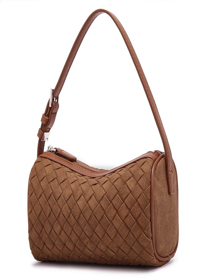 Sumrains Genuine Leather Crossbody Bag for Women: Small Barrel Purse for Ladies - Designer Hobo Bags Shoulder Handbags, Woven 01 Brown, Small - Image 1