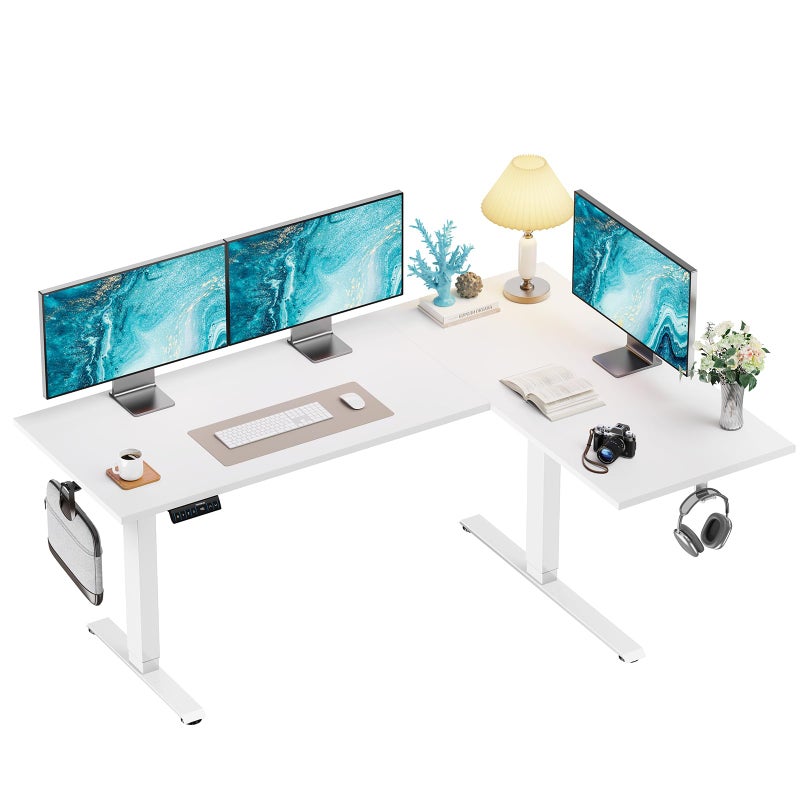 HUANUO 71 x 48 inch Dual Motor L Shaped Electric Standing Desk with 3 Preset Heights Electric Height Adjustable Computer Table 2 Hooks  Cable Tray Raising Desk for Home Office White