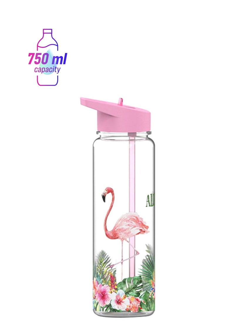 NIBEMINENT Flamingo Print Straw Water Bottle Pink/Clear/Green - Image 1