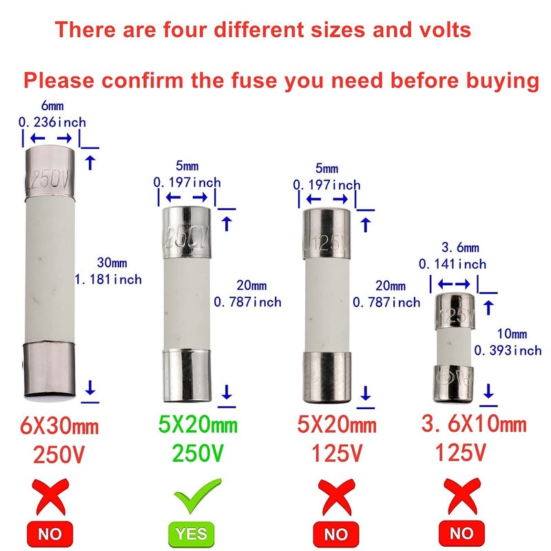 ChengHongXing 10 PCS Ceramic fuses T20A250V Slow-Blow 5x20mm/0.2x0.79inch 20AMP 250V - Image 2