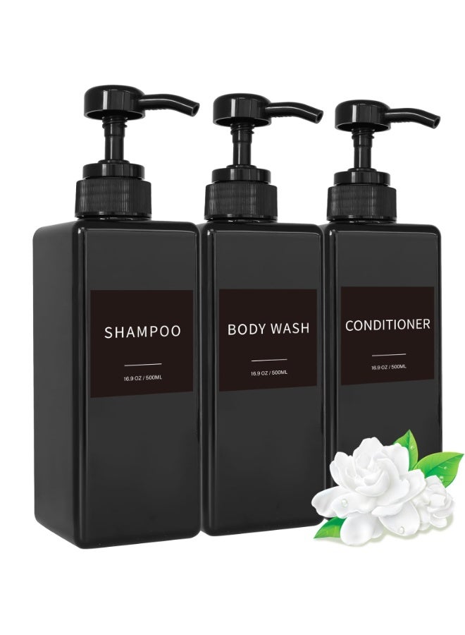 HOMESTAR 3-Pack Refillable Shampoo & Conditioner Dispenser Set, Smooth Press Uniform Dispensing, Screw Thread Leak-Proof Design, Concave Thickened Anti-Slip Shatterproof Plastic Bottles, Shower Bottles with No-Slip Labels, Bathroom Organizer for Shampoo, Conditioner & Body Wash, (Black，500 ml) - Image 1