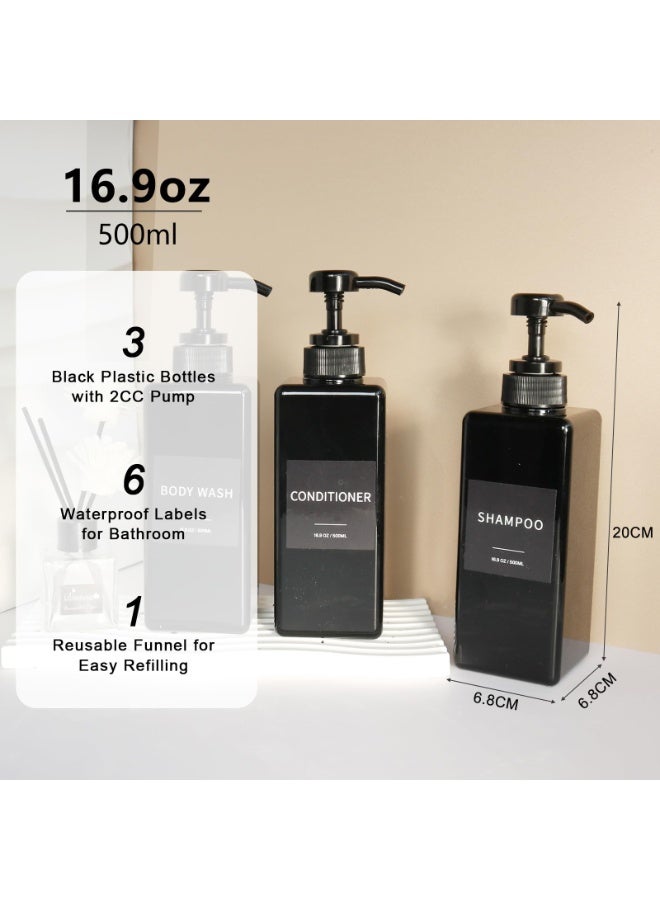 HOMESTAR 3-Pack Refillable Shampoo & Conditioner Dispenser Set, Smooth Press Uniform Dispensing, Screw Thread Leak-Proof Design, Concave Thickened Anti-Slip Shatterproof Plastic Bottles, Shower Bottles with No-Slip Labels, Bathroom Organizer for Shampoo, Conditioner & Body Wash, (Black，500 ml) - Image 3
