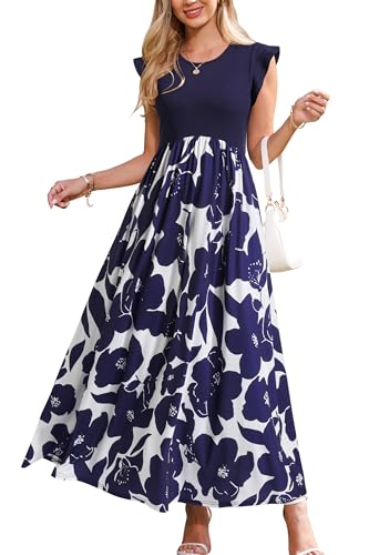 OUGES Women's Spring Dresses 2024 Fashion Outfits Crewneck Summer Maxi Dress Maternity Clothes with Pockets(Floral D,L) - Image 1