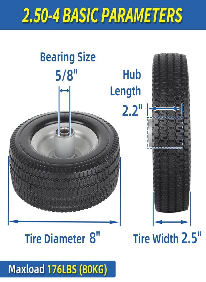 GICOOL 8-Inch Flat-free Tire and Wheel, 2.50-4 Solid Tire, 5/8" Axle Bore Hole, 2.2" Offset Hub for Hand Truck Garden Wagon Gorilla Cart Trolley Dolly Lawn Mover Go Kart Replacement, 2 Pack - Image 2