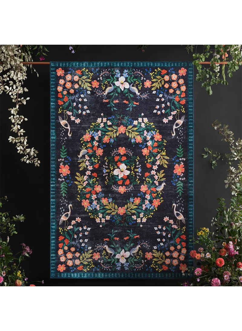 Vagonik Authentic Digital Printed Carpet with Wagonic Flower Pattern, Washable Carpet with Non-Slip Base