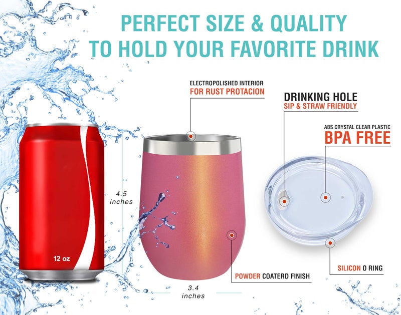 CHILLOUT LIFE 12 oz Stainless Steel Tumbler with Lid & Gift Box - Wine Tumbler Double Wall Vacuum Insulated Travel Tumbler Cup for Coffee  Wine  Cocktails  Ice Cream - PINK SPARKLE - Image 4