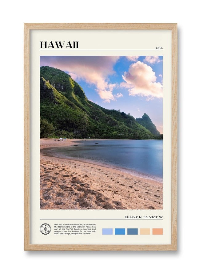 HesenDot Natural OAK Wood Hawaii Framed Wall Art,12x16in Makana Mountain Natural Scenery Canvas Wall Print,Classic Urban City Landmark Wall Decor for Living Room,Bedroom,Office Gallery Gifts Set of 1 - Image 1