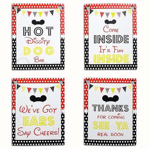 OrangeDolly Mickey Birthday Signs - 8" x 10" Set of 4 Mickey Mouse Party Signs - Mickey Mouse Food Labels - Come Inside Its Fun Inside Sign - We've Got Ears Say Cheers Sign - Hot Diggity Dog Bar Sign Mickey Mouse - Image 1