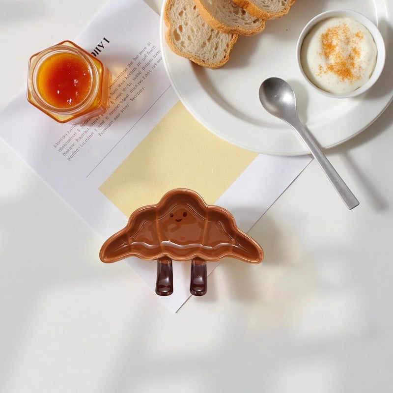 Cute Cartoon Croissant Ceramic Dessert Dish 4.9 X 3.1 Inches Hand Painted Underglaze Plate for Fruits BBQ - Image 5