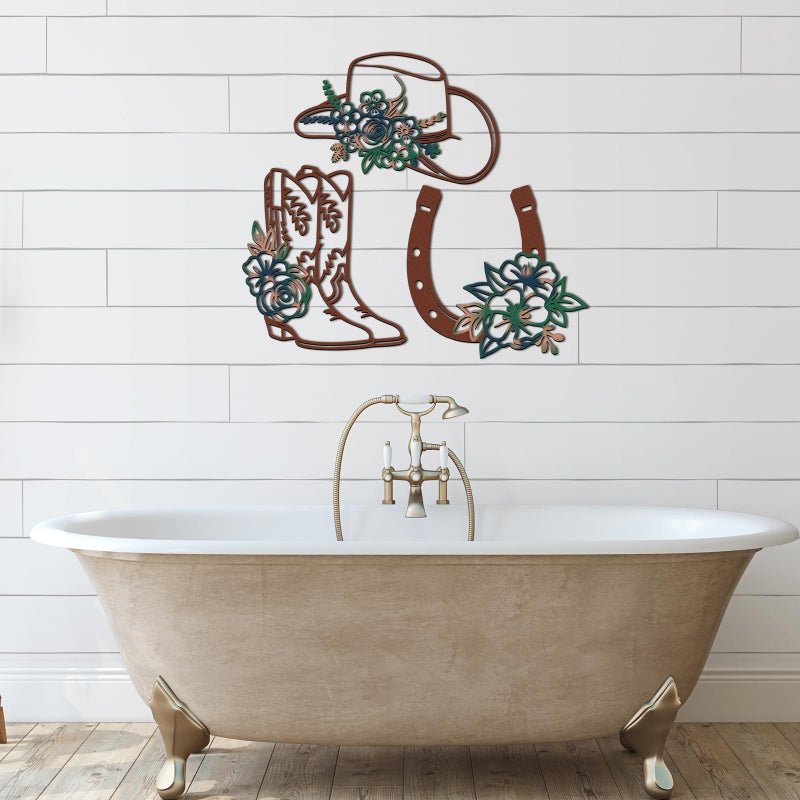 Otoolling 3 Pcs Metal Cowboy Flowers Wall Arts Vintage Western Wall Decor for Living Room Bathroom Bedroom Dining Room Housewarming Gifts (Cowboy Hats, Boots, Horseshoes,Brown-green) - Image 5