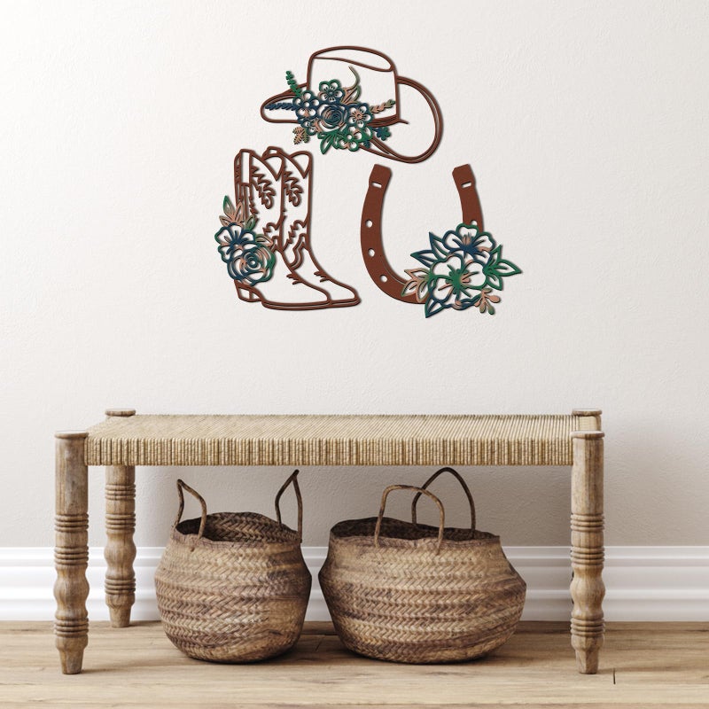 Otoolling 3 Pcs Metal Cowboy Flowers Wall Arts Vintage Western Wall Decor for Living Room Bathroom Bedroom Dining Room Housewarming Gifts (Cowboy Hats, Boots, Horseshoes,Brown-green) - Image 2