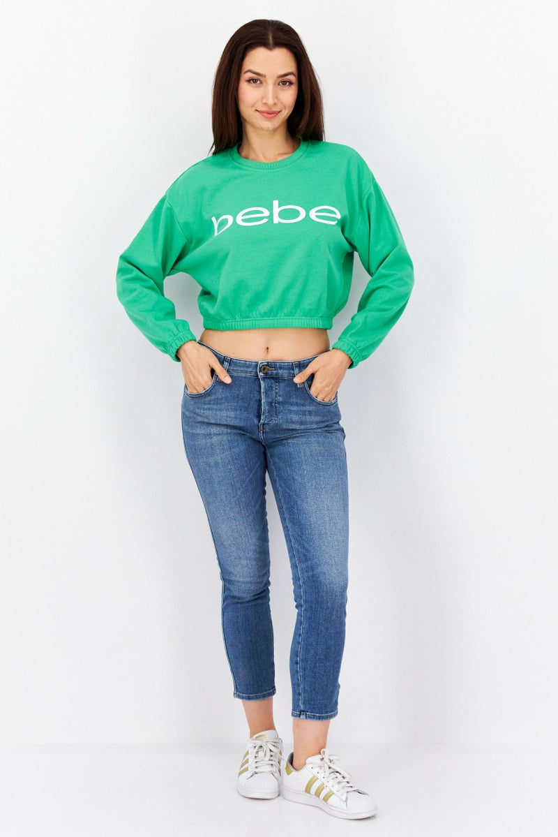 bebe Women Round Neck Brand Logo Crop Sweatshirts, Green - Image 4