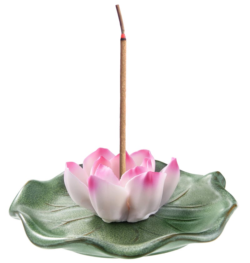 KR. LIF Lotus Incense Holder & Burner, Agarbatti Stand, Detachable Lotus Leaf Incense Tray, Ash Catcher for Altar, Sage & Palo Santo, Ceramic - Image 1