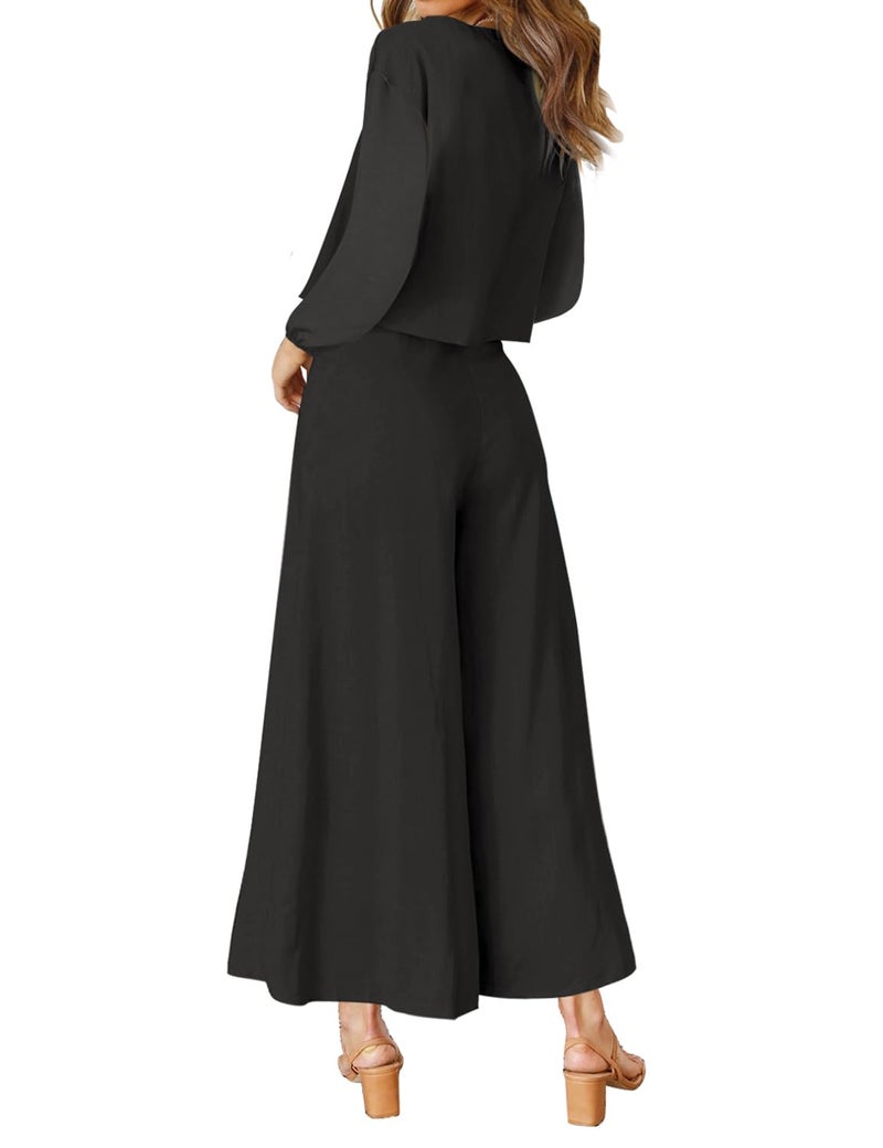 ROYLAMP Women's 2 Piece Outfits Long Sleeve Round Neck Crop Top Cropped Wide Leg Pants Set Jumpsuits Black L - Image 3