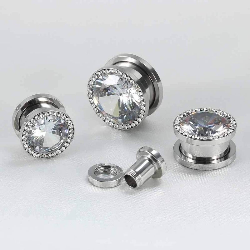 TBOSEN 6 PCS Big Cubic Zirconia Stainless Steel Screw Ear Gauges Plugs Tunnels Expander Body Piercing Jewelry Set - Image 2