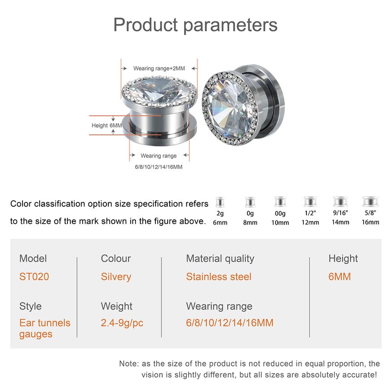 TBOSEN 6 PCS Big Cubic Zirconia Stainless Steel Screw Ear Gauges Plugs Tunnels Expander Body Piercing Jewelry Set - Image 3