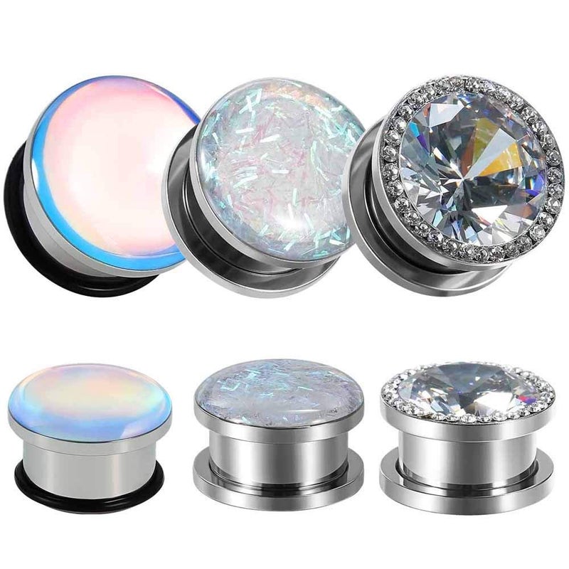 TBOSEN 6 PCS Big Cubic Zirconia Stainless Steel Screw Ear Gauges Plugs Tunnels Expander Body Piercing Jewelry Set - Image 1