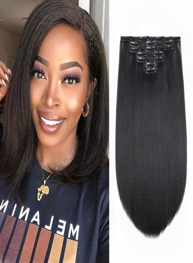 Vlliyava 14 Inch Straight Clip in Hair Extensions Natural Black 7 Pcs Seamless Yaki Straight Clip in Hair for Black Women 100G Full Head Yaki Straight Synthetic Hair - Image 1