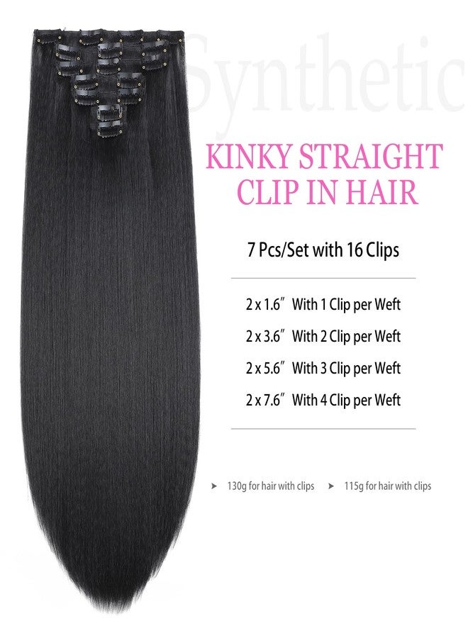 Vlliyava 14 Inch Straight Clip in Hair Extensions Natural Black 7 Pcs Seamless Yaki Straight Clip in Hair for Black Women 100G Full Head Yaki Straight Synthetic Hair - Image 2