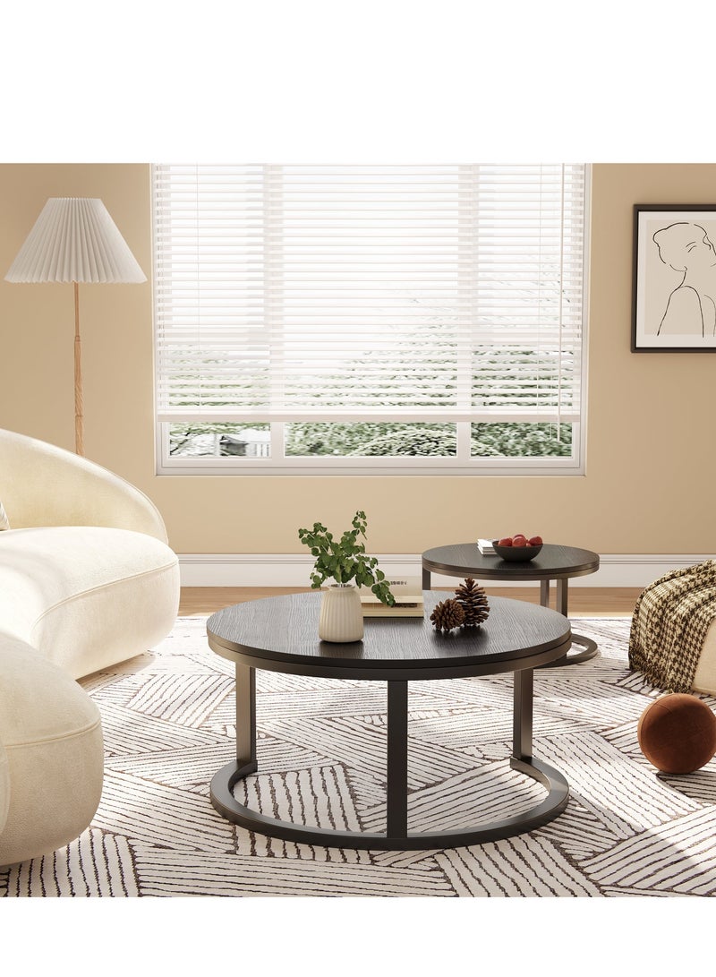 آسي بلاي طقم طاولات قهوة دائرية متداخلة من قطعتين، بتصميم عصري أنيق، سطح خشبي أسود عالي الجودة وهيكل معدني متين، مثالي لغرفة المعيشة وتوفير المساحة - Image 1