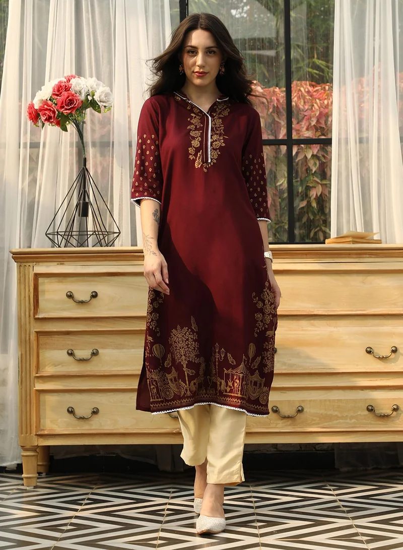 QISSA Women's Wine Red Chariot Print Kurta With Wine Red Trousers Set