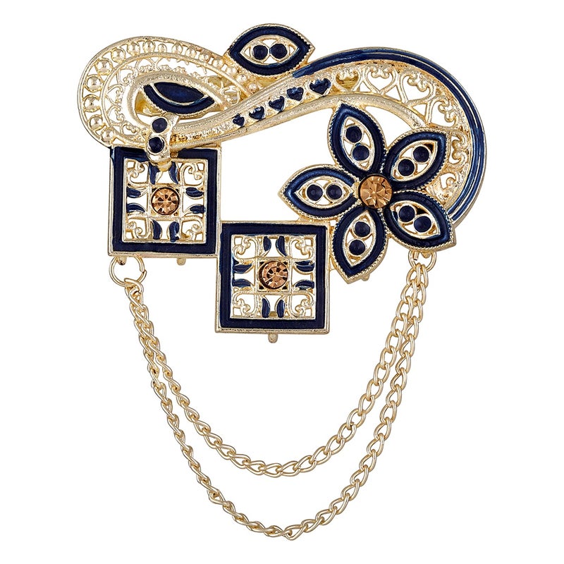 Mahi Navy Blue Meenakari Work Enamel Square and Floral Design Dual Layer Chain Shervani/Indowestern Brooch for Men (BP1101119GNBlu) - Image 5