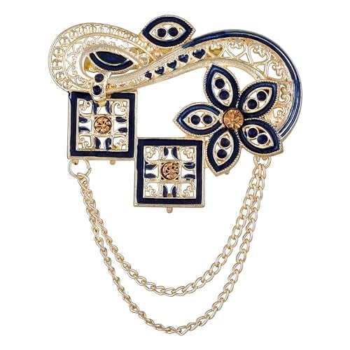 Mahi Navy Blue Meenakari Work Enamel Square and Floral Design Dual Layer Chain Shervani/Indowestern Brooch for Men (BP1101119GNBlu) - Image 1