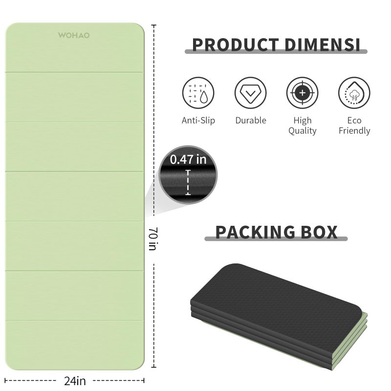 WOHAO Foldable Yoga Mat 70"x24" - Thickened TPE Non-Slip Exercise Mat for Home, Gym & Travel, Lightweight & Easy to Carry, Supports Pilates, Hot Yoga & Floor Workouts (Grass Green + Black) - Image 3