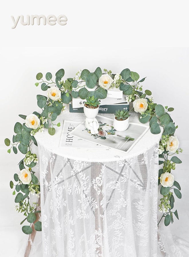 يمي إكليل زهور الأوكالبتوس الاصطناعي لحفلات الزفاف وتزيين المنزل، عبوة من قطعتين، طول كل قطعة 180 سم، خضرة اصطناعية مع ورود بيضاء - Image 4