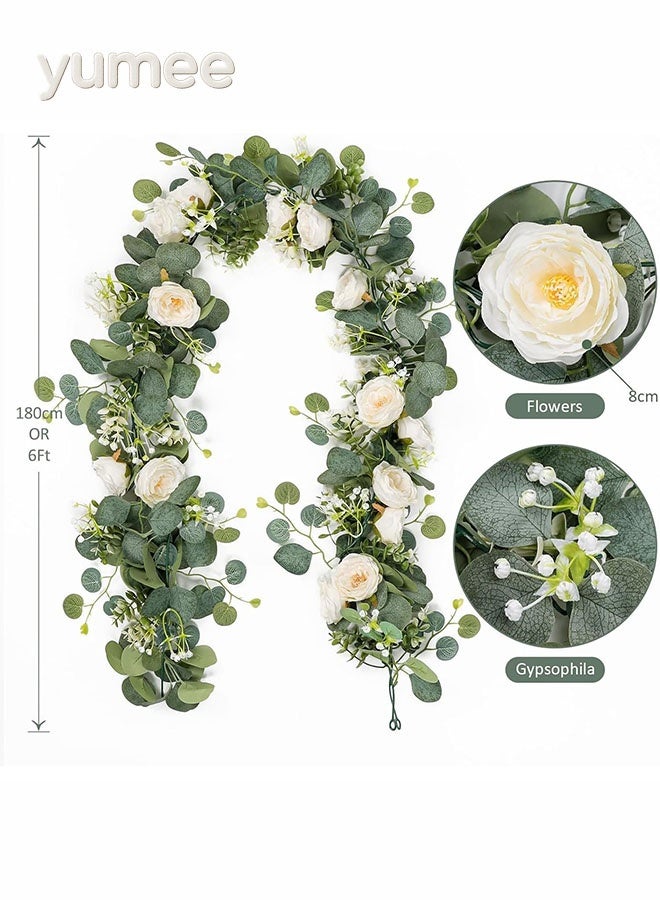 يمي إكليل زهور الأوكالبتوس الاصطناعي لحفلات الزفاف وتزيين المنزل، عبوة من قطعتين، طول كل قطعة 180 سم، خضرة اصطناعية مع ورود بيضاء - Image 5
