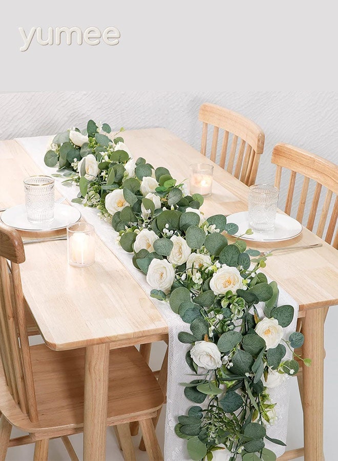 يمي إكليل زهور الأوكالبتوس الاصطناعي لحفلات الزفاف وتزيين المنزل، عبوة من قطعتين، طول كل قطعة 180 سم، خضرة اصطناعية مع ورود بيضاء - Image 1