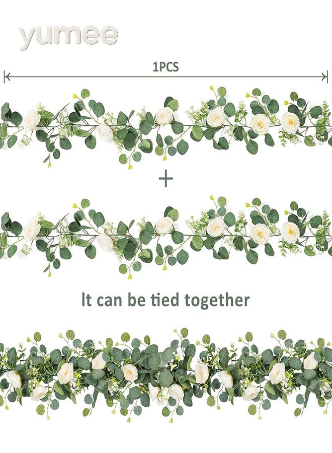 يمي إكليل زهور الأوكالبتوس الاصطناعي لحفلات الزفاف وتزيين المنزل، عبوة من قطعتين، طول كل قطعة 180 سم، خضرة اصطناعية مع ورود بيضاء - Image 2