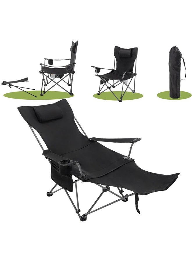 Hihonor - Reclining Camping Chair with Removable Footrest, Portable Adjustable Folding Camping Lounge Chair with Headrest Cup Holder Storage Bag for Fishing, Camp, Picnics, Beach, Lawn, Black - Image 1