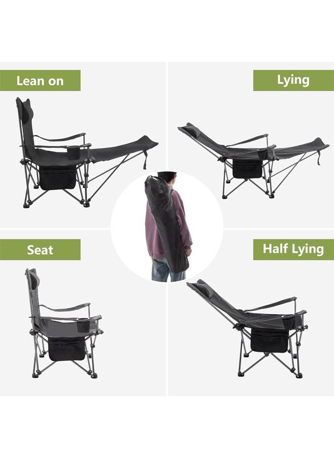 Hihonor - Reclining Camping Chair with Removable Footrest, Portable Adjustable Folding Camping Lounge Chair with Headrest Cup Holder Storage Bag for Fishing, Camp, Picnics, Beach, Lawn, Black - Image 1