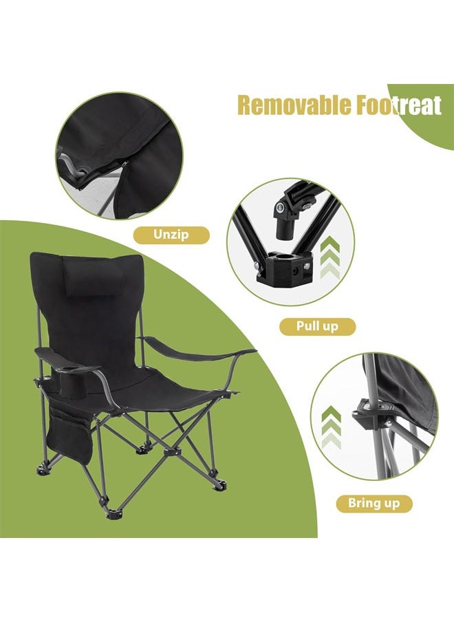 Hihonor - Reclining Camping Chair with Removable Footrest, Portable Adjustable Folding Camping Lounge Chair with Headrest Cup Holder Storage Bag for Fishing, Camp, Picnics, Beach, Lawn, Black - Image 1
