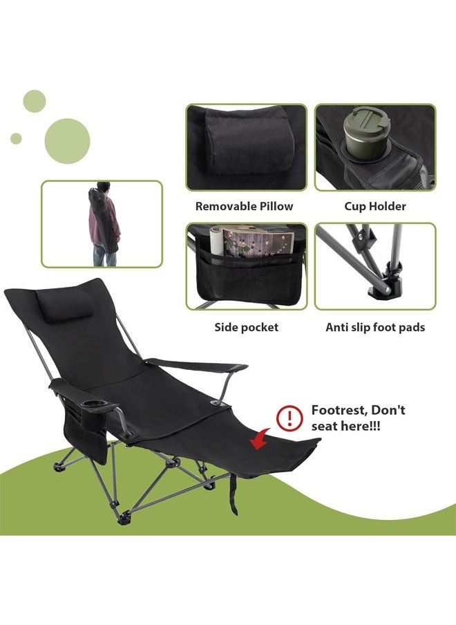 Hihonor - Reclining Camping Chair with Removable Footrest, Portable Adjustable Folding Camping Lounge Chair with Headrest Cup Holder Storage Bag for Fishing, Camp, Picnics, Beach, Lawn, Black - Image 1