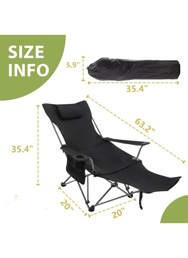 Hihonor - Reclining Camping Chair with Removable Footrest, Portable Adjustable Folding Camping Lounge Chair with Headrest Cup Holder Storage Bag for Fishing, Camp, Picnics, Beach, Lawn, Black - Image 1