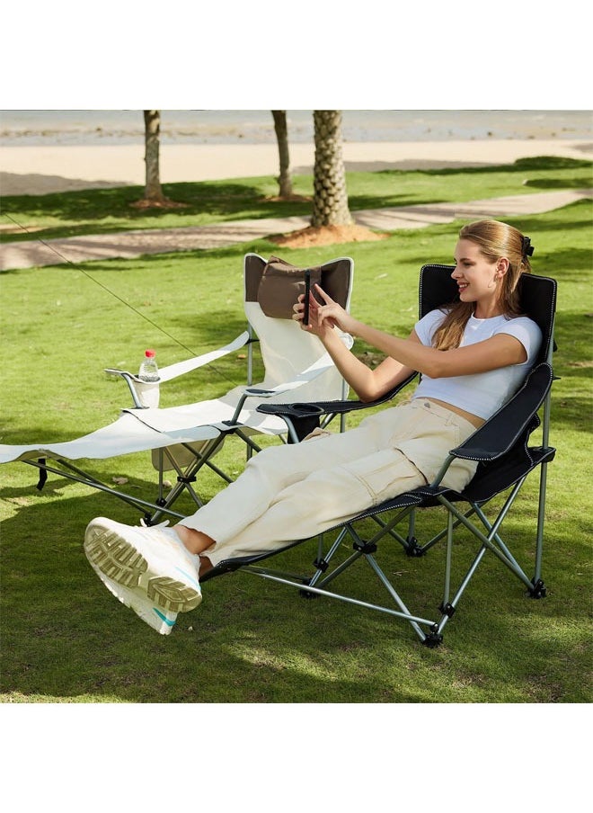 Hihonor - Reclining Camping Chair with Removable Footrest, Portable Adjustable Folding Camping Lounge Chair with Headrest Cup Holder Storage Bag for Fishing, Camp, Picnics, Beach, Lawn, Black - Image 1