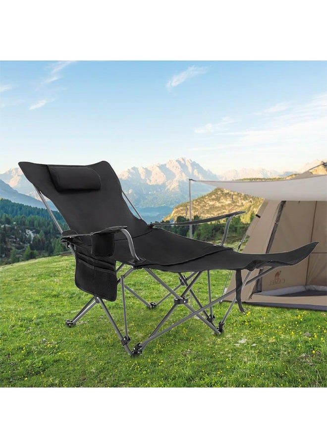 Hihonor - Reclining Camping Chair with Removable Footrest, Portable Adjustable Folding Camping Lounge Chair with Headrest Cup Holder Storage Bag for Fishing, Camp, Picnics, Beach, Lawn, Black - Image 1