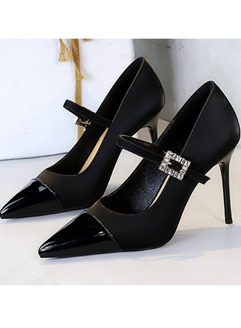 بيج تري المرأة مغلقة أشارت إصبع القدم الكعب العالي الساتين براءة اختراع الجلد مزيج المضخات الأسود 9.5CM - Image 1