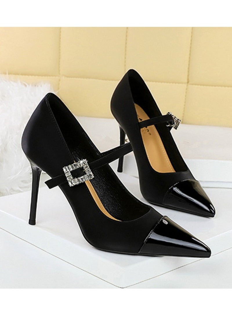 بيج تري المرأة مغلقة أشارت إصبع القدم الكعب العالي الساتين براءة اختراع الجلد مزيج المضخات الأسود 9.5CM - Image 2