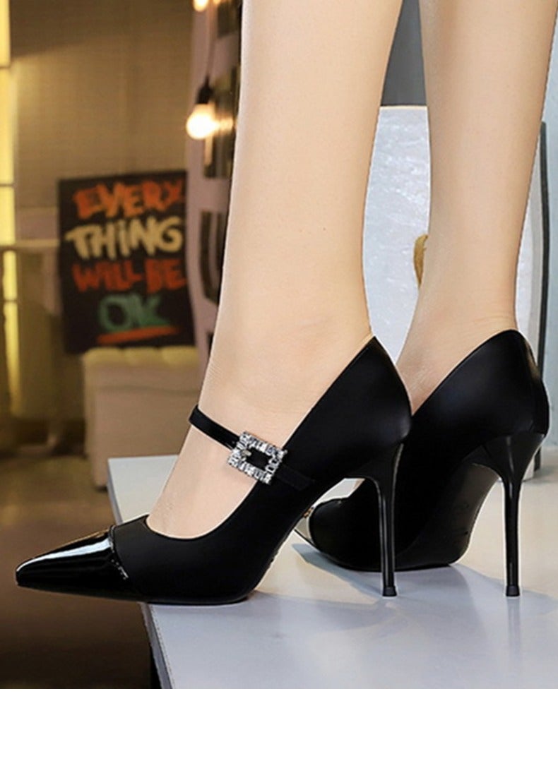 بيج تري المرأة مغلقة أشارت إصبع القدم الكعب العالي الساتين براءة اختراع الجلد مزيج المضخات الأسود 9.5CM - Image 4