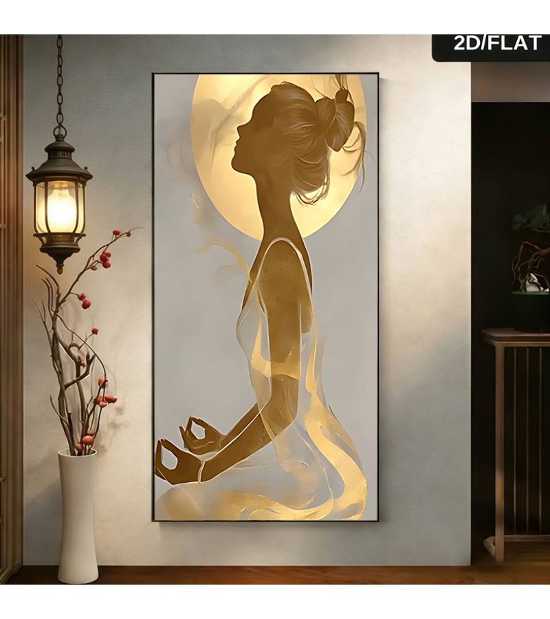 فن جدران كانفاس ثنائي الأبعاد مسطح بدون إطار تصميم ذهبي لصورة ظلية لامرأة تتأمل مقاس 32 × 64 بوصة 80 × 160 سم مناسب لغرفة النوم وغرفة اليوغا - Image 5