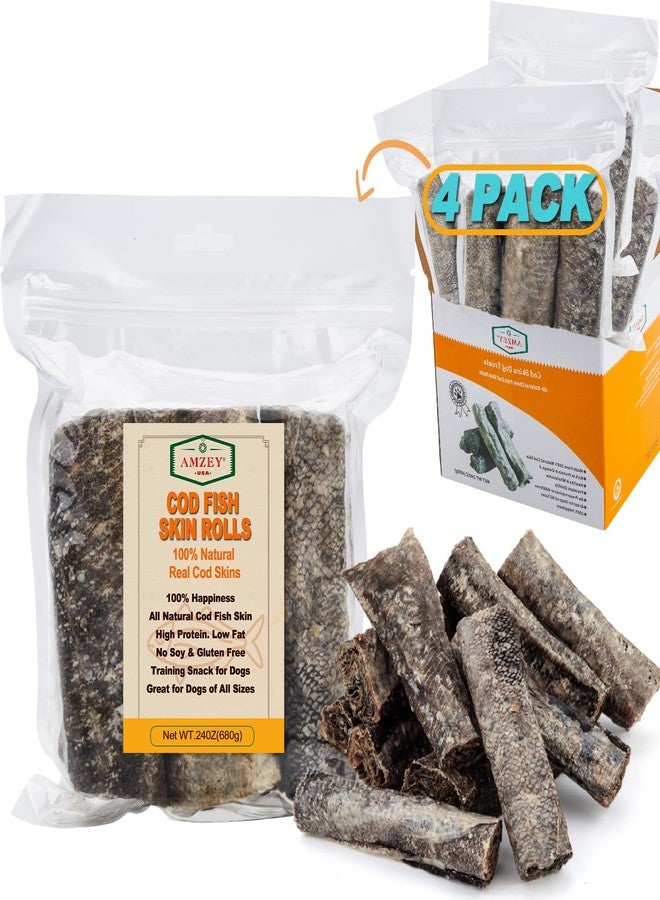 Amzey Cod Skin Dog Treats 24 OZ, High Protein Fish Skin Rolls Rich in Omega-3, 100% Natural Dried Fish Dog Chews for Teeth Cleaning, Pack of 4 Resealable Bags - Image 1