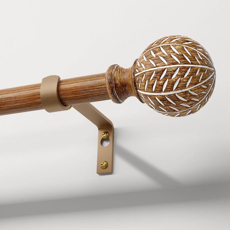 QDWIS Imitation Wood Grain Ball Curtain Rods for Windows 72 to 144 Inch1 Inch Heavy Duty Adjustable Wood Curtain RodBoho Decorative Drapery Rods Set with BracketsSize36150